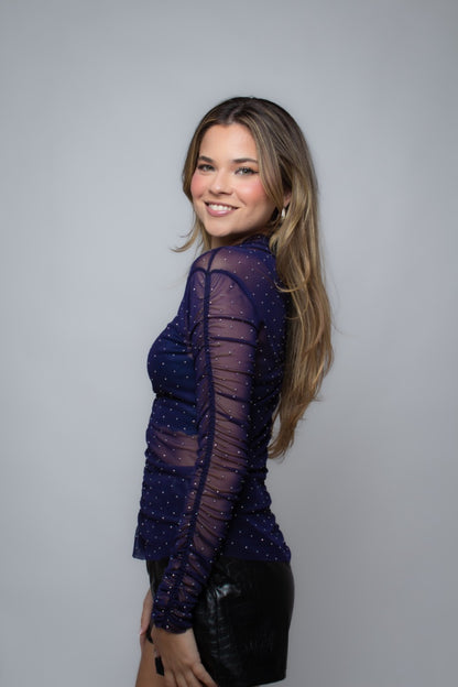 Blusa de tule com Strass Azul Cinema