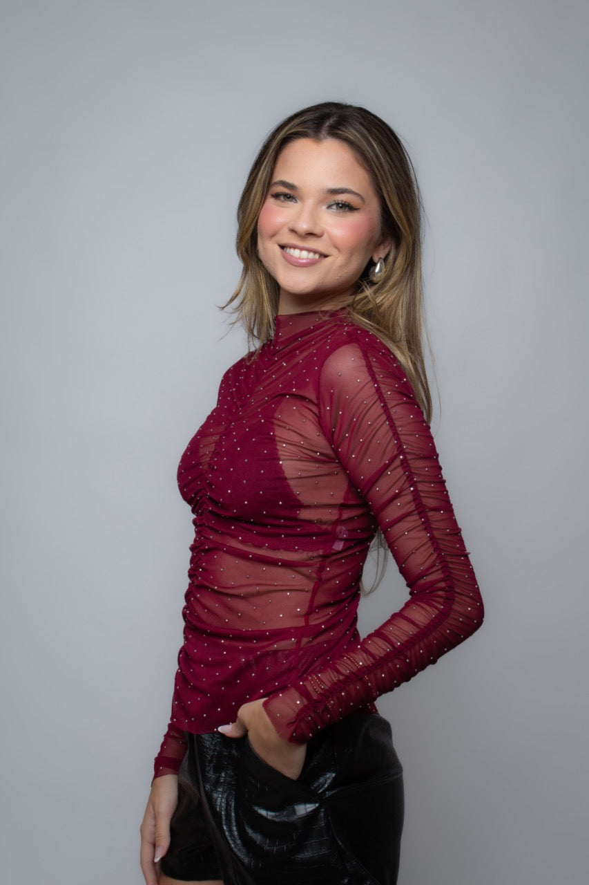 Blusa de tule com Strass Marsala Cinema