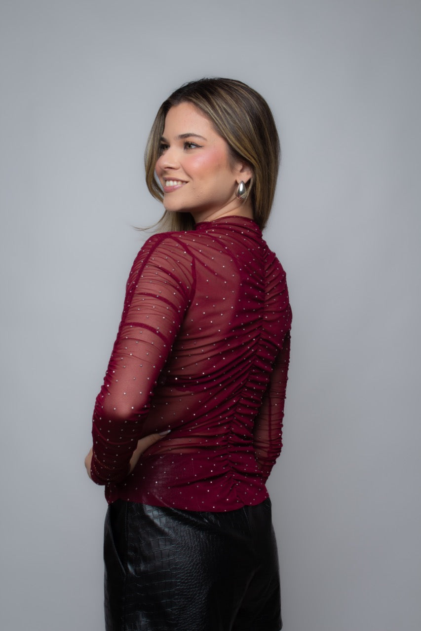 Blusa de tule com Strass Marsala Cinema